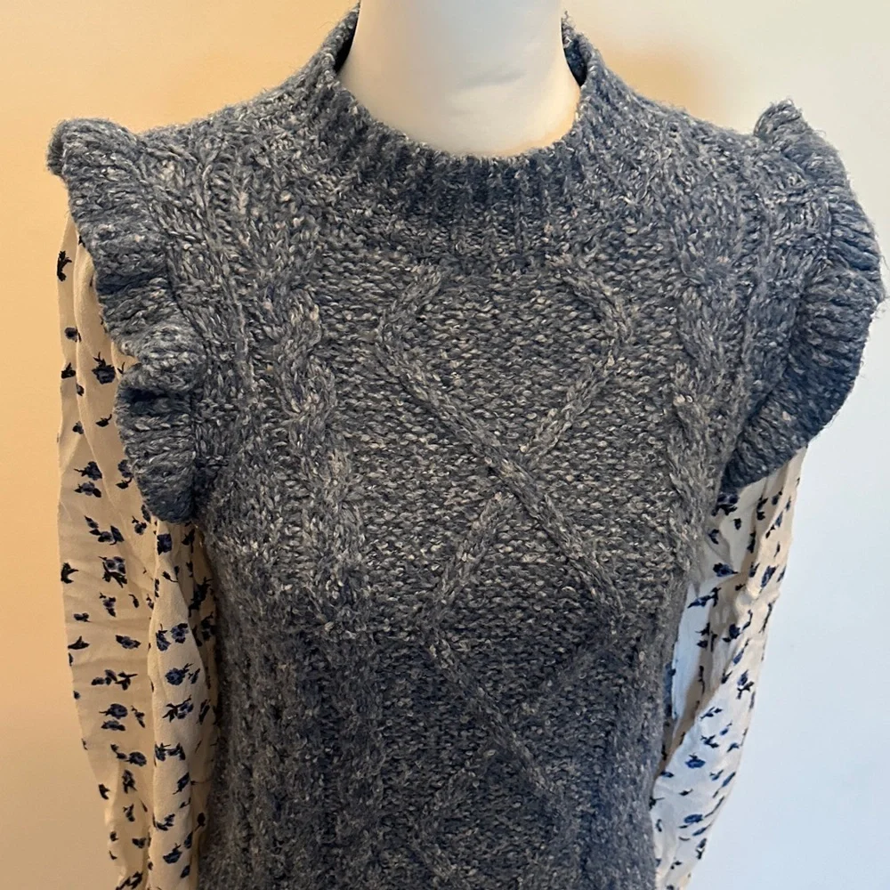 Anthropologie Heathered Blue Chunky Cable Knit Sweater with Floral Print Sleeves - Picture 2 of 5
